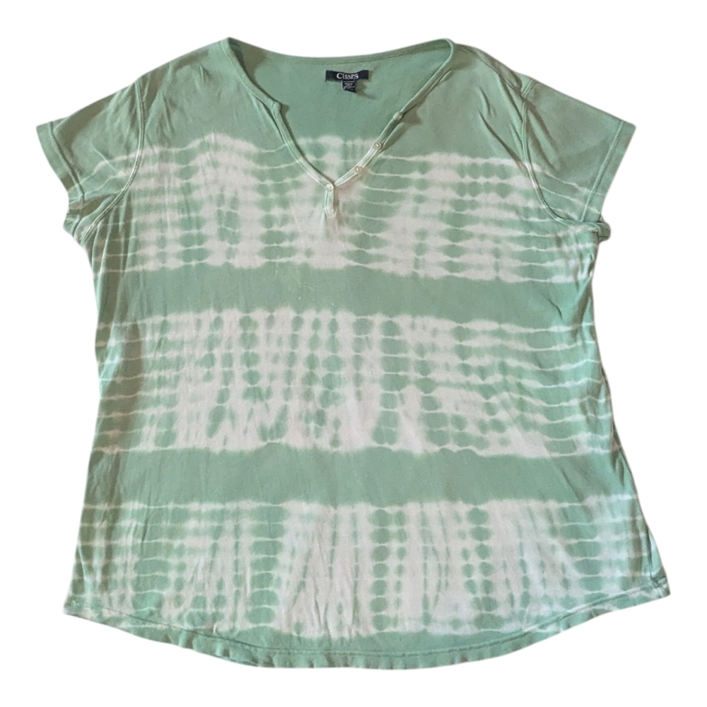 CHAPS by Ralph Lauren Cotton Green White Tie-Dye V-Neck SL Top Women's 2X